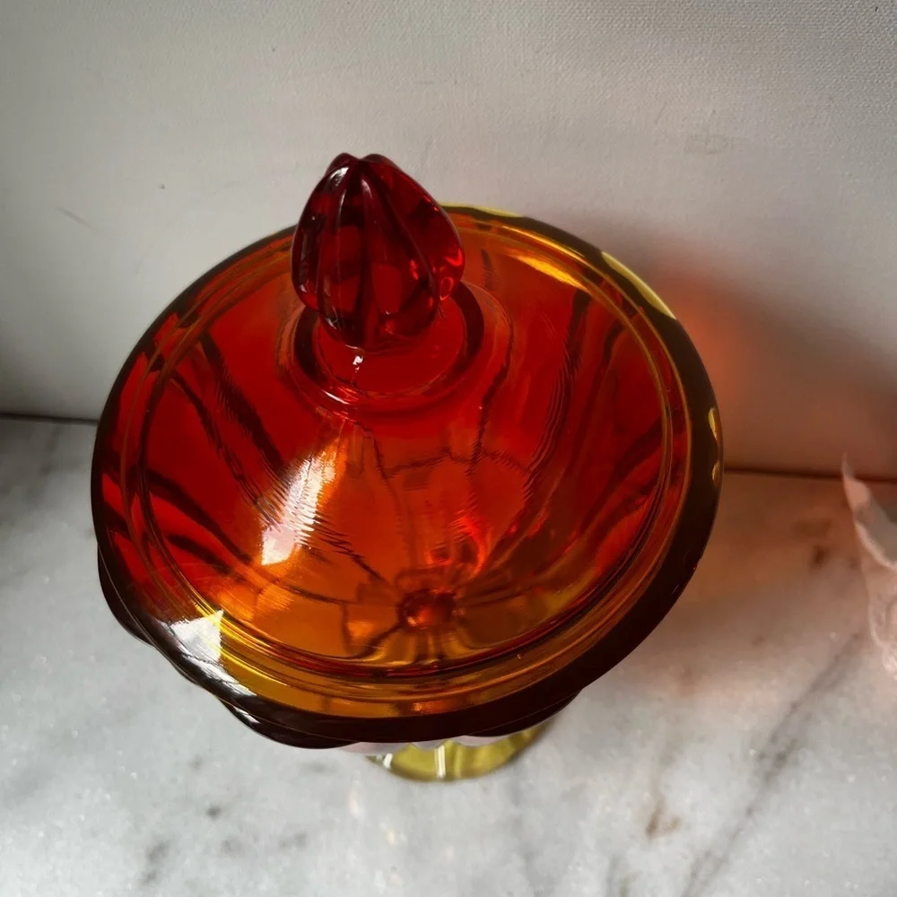 L.E. Smith Simplicity Candy Dish Orange Amberina 10.5” LARGE Size Cadmium GLOW